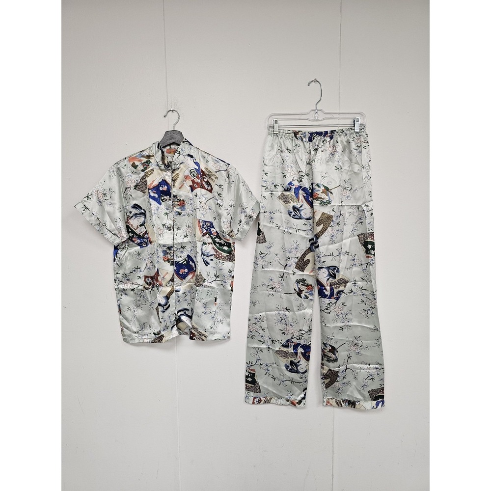 Oriental Pajama Set Mens Large Multicolor Satin Cherry Blossom Kimono Print‎